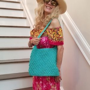 Vintage August Nice Cond Turqoise Blue Crochet Shoulder Bag, $25